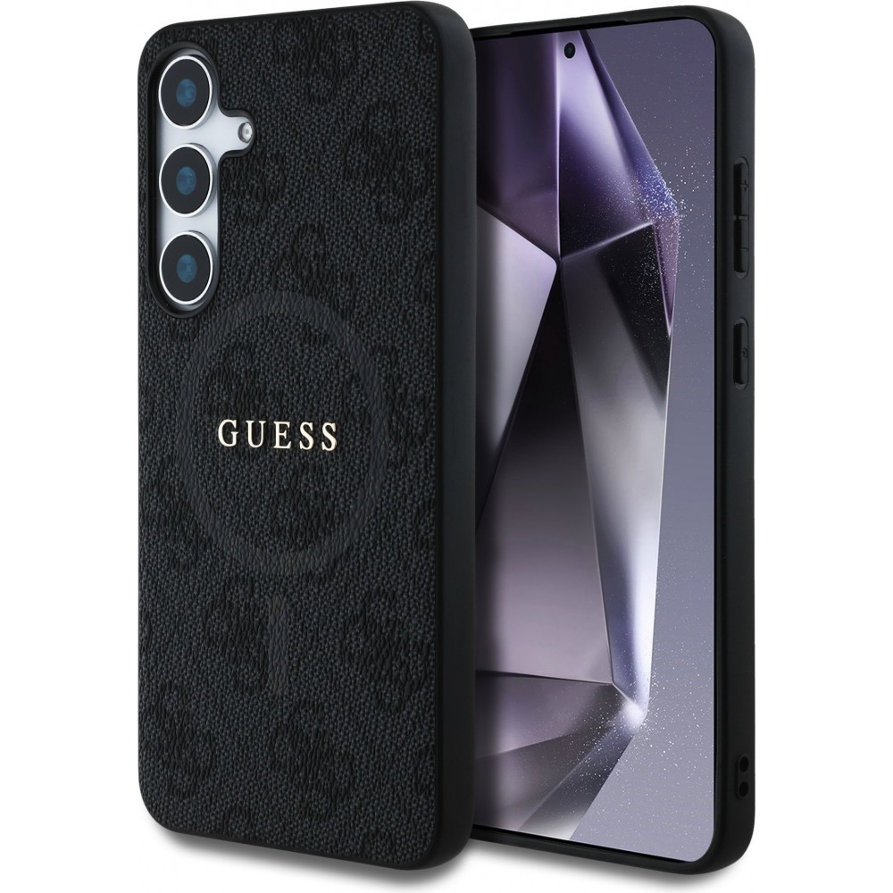 Samsung Galaxy S25 Case Hülle - Guess Monogramm Kunstleder mit integriertem MagSafe und goldenem Logo - Schwarz