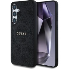 Samsung Galaxy S25 Case Hülle - Guess Monogramm Kunstleder mit integriertem MagSafe und goldenem Logo - Schwarz