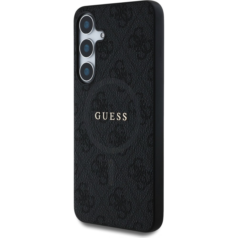 Samsung Galaxy S25 Case Hülle - Guess Monogramm Kunstleder mit integriertem MagSafe und goldenem Logo - Schwarz