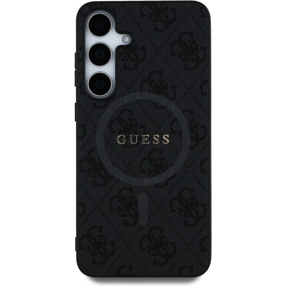 Samsung Galaxy S25 Case Hülle - Guess Monogramm Kunstleder mit integriertem MagSafe und goldenem Logo - Schwarz