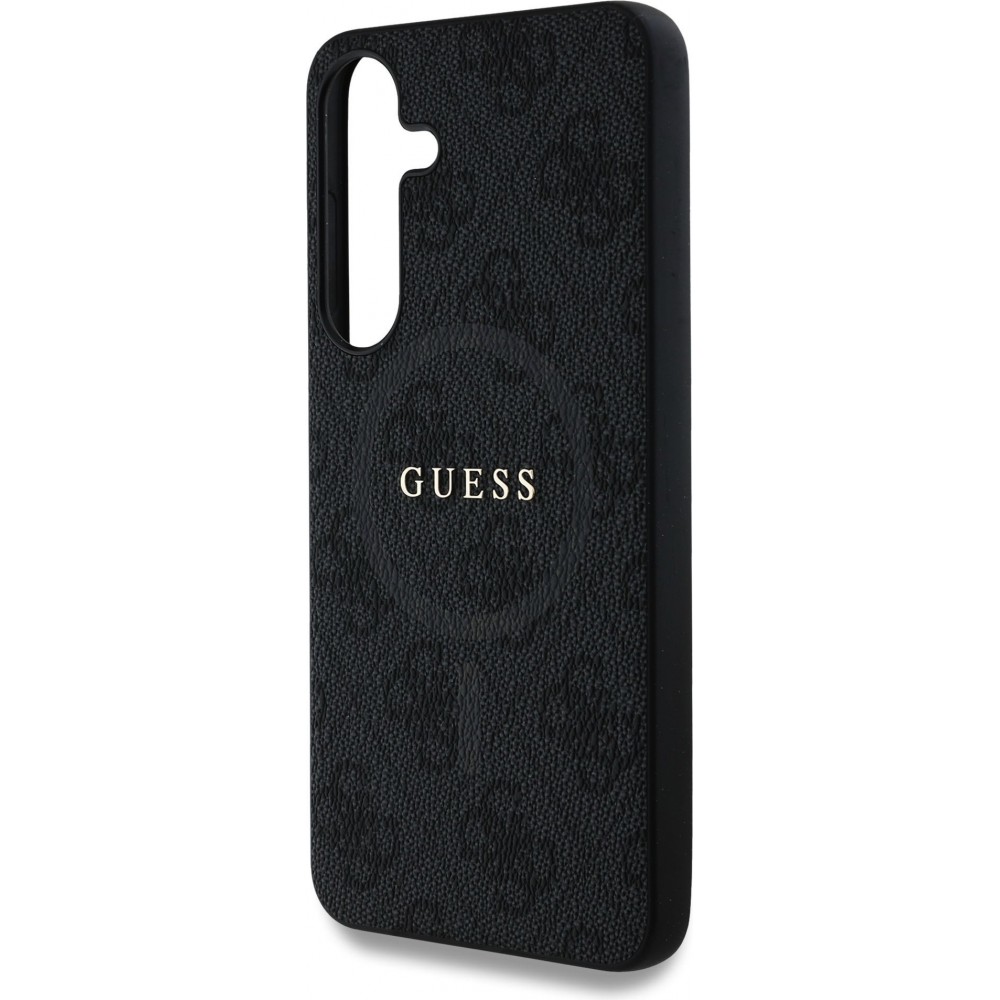 Samsung Galaxy S25 Case Hülle - Guess Monogramm Kunstleder mit integriertem MagSafe und goldenem Logo - Schwarz