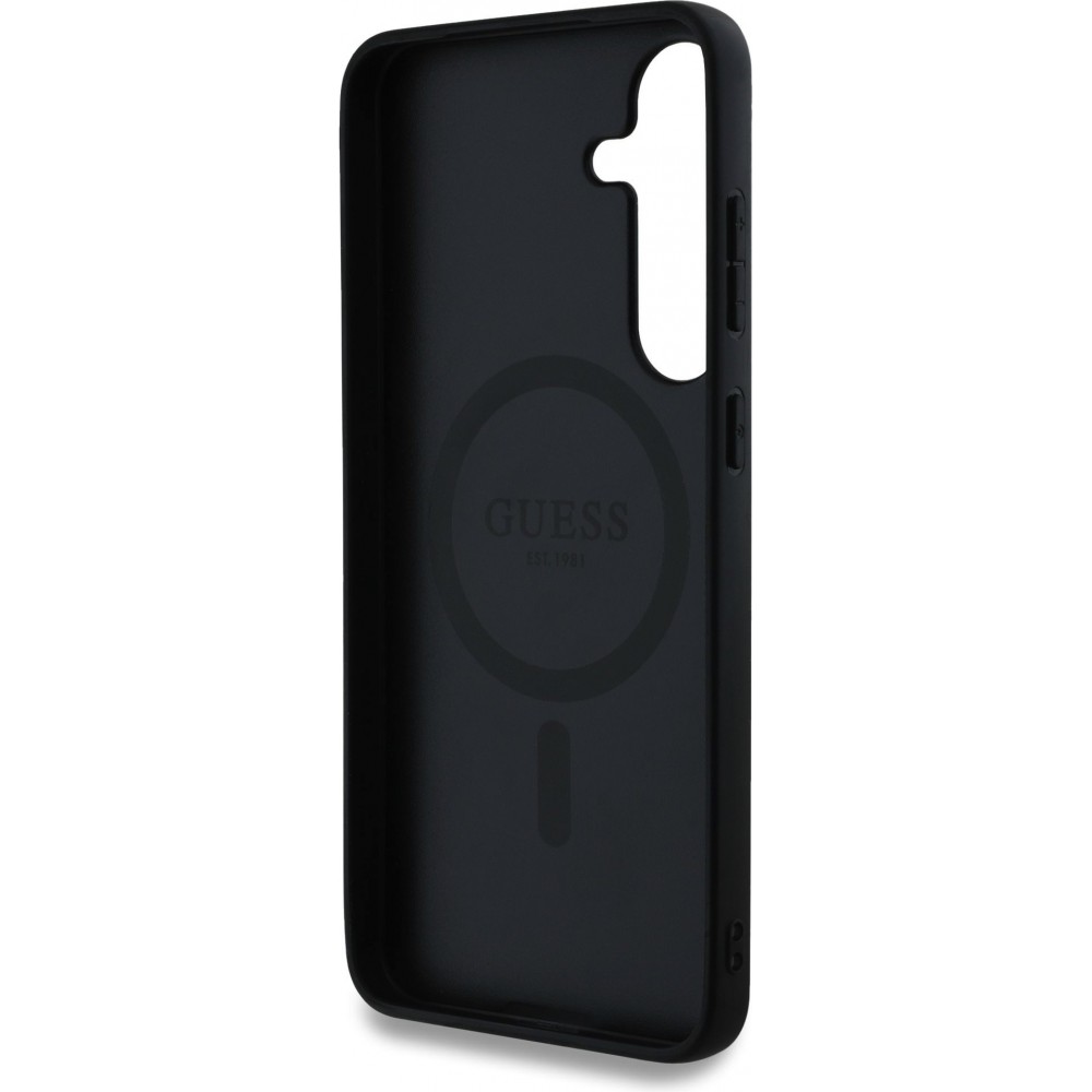 Samsung Galaxy S25 Case Hülle - Guess Monogramm Kunstleder mit integriertem MagSafe und goldenem Logo - Schwarz
