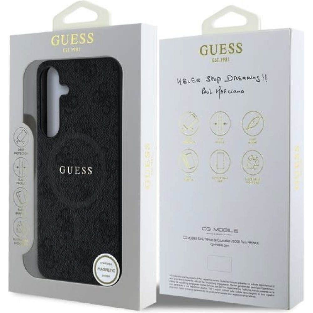 Samsung Galaxy S25 Case Hülle - Guess Monogramm Kunstleder mit integriertem MagSafe und goldenem Logo - Schwarz