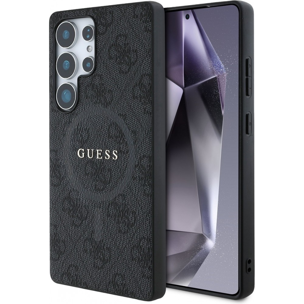 Samsung Galaxy S25 Ultra Case Hülle - Guess Monogramm Kunstleder mit integriertem MagSafe und goldenem Logo - Schwarz