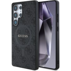 Samsung Galaxy S25 Ultra Case Hülle - Guess Monogramm Kunstleder mit integriertem MagSafe und goldenem Logo - Schwarz