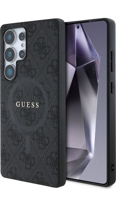 Samsung Galaxy S25 Ultra Case Hülle - Guess Monogramm Kunstleder mit integriertem MagSafe und goldenem Logo - Schwarz