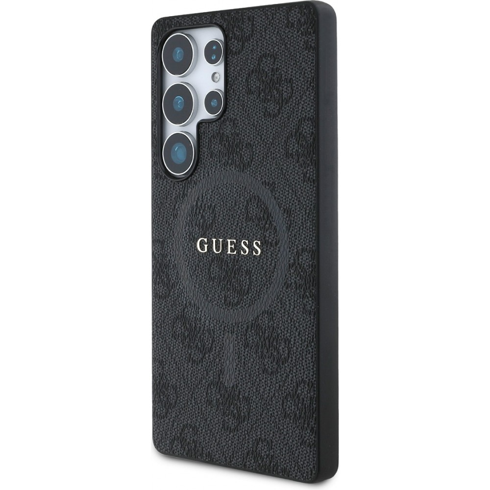 Samsung Galaxy S25 Ultra Case Hülle - Guess Monogramm Kunstleder mit integriertem MagSafe und goldenem Logo - Schwarz