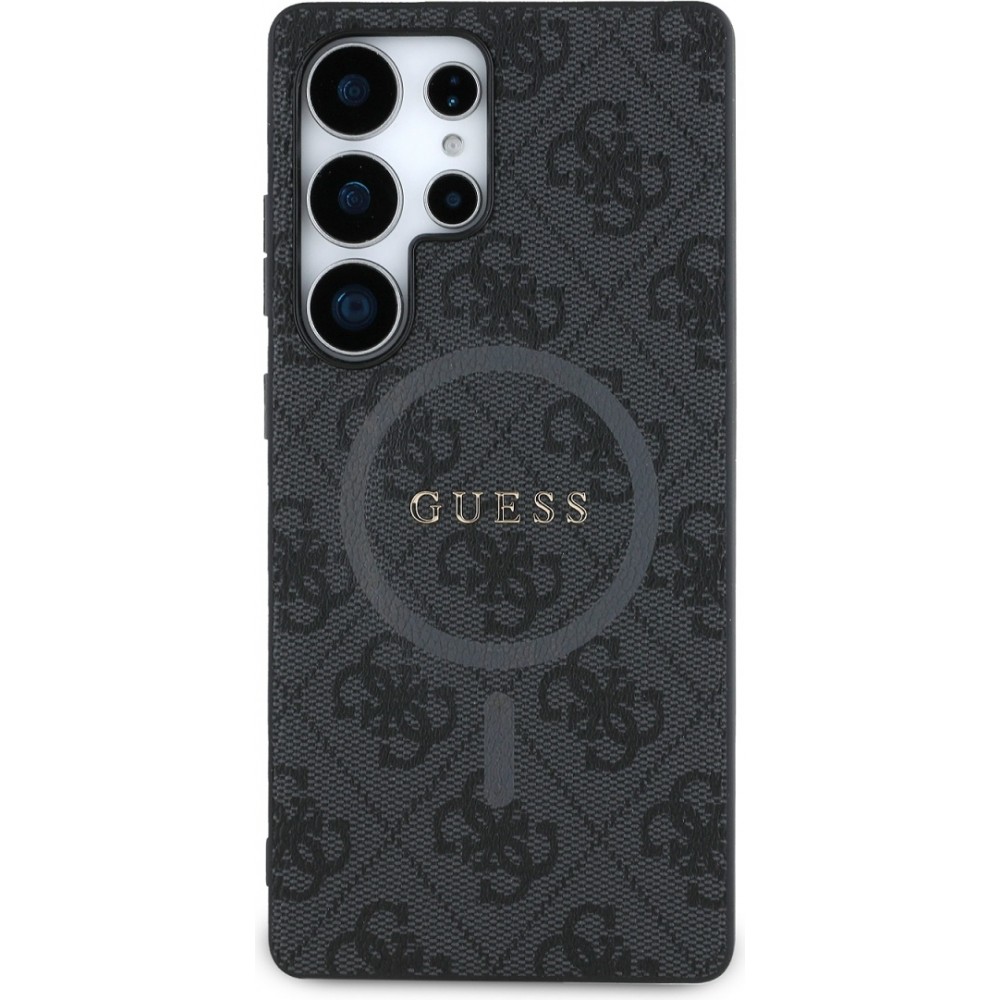 Samsung Galaxy S25 Ultra Case Hülle - Guess Monogramm Kunstleder mit integriertem MagSafe und goldenem Logo - Schwarz