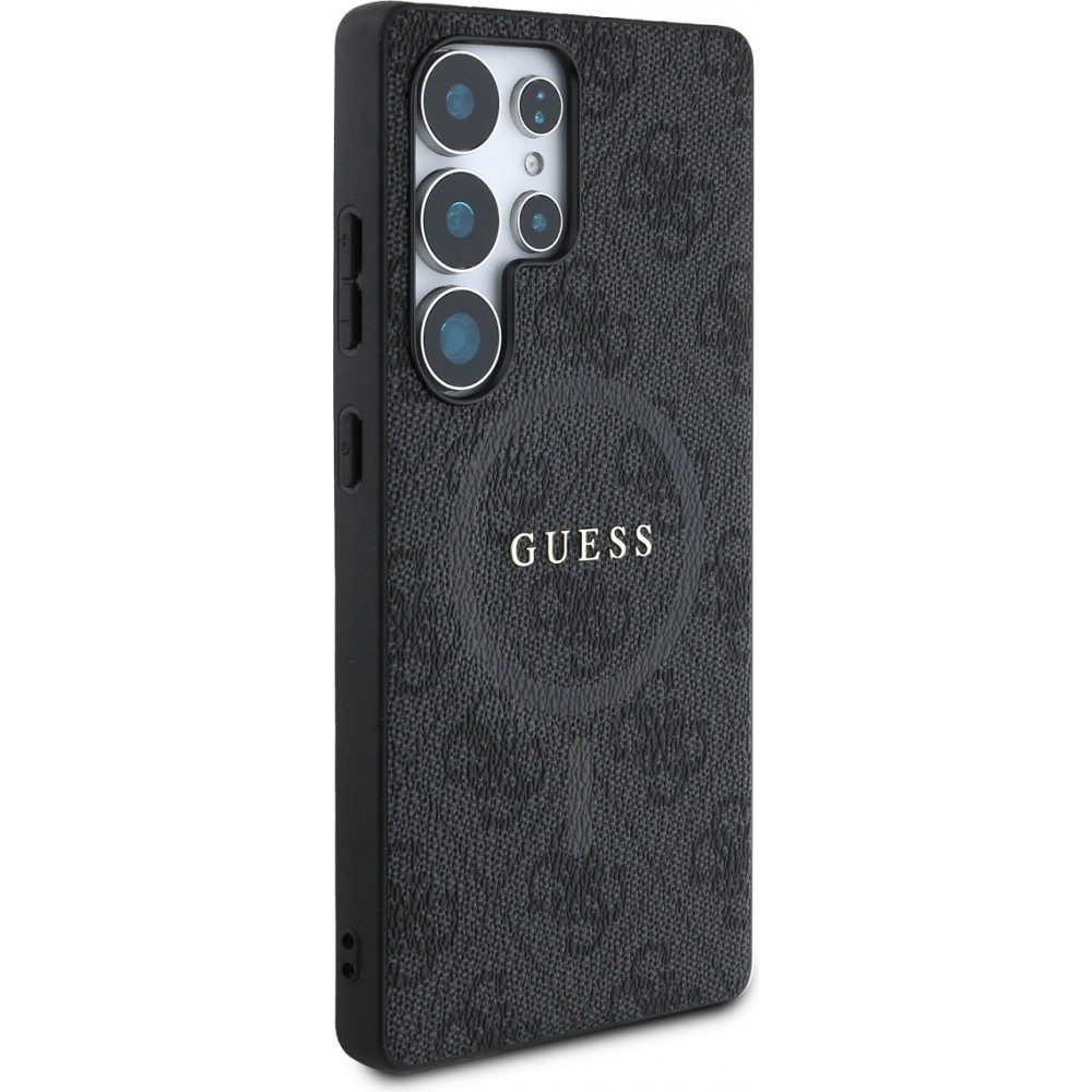 Samsung Galaxy S25 Ultra Case Hülle - Guess Monogramm Kunstleder mit integriertem MagSafe und goldenem Logo - Schwarz