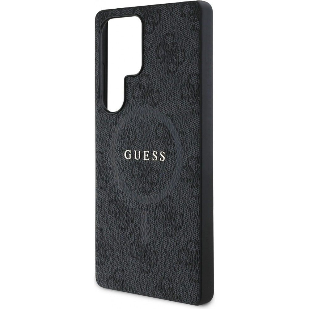 Samsung Galaxy S25 Ultra Case Hülle - Guess Monogramm Kunstleder mit integriertem MagSafe und goldenem Logo - Schwarz