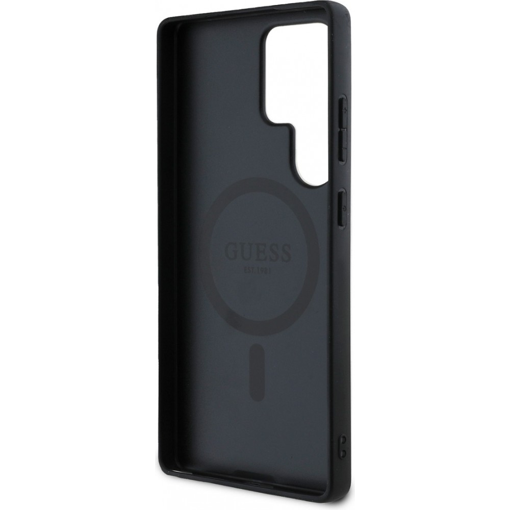 Samsung Galaxy S25 Ultra Case Hülle - Guess Monogramm Kunstleder mit integriertem MagSafe und goldenem Logo - Schwarz