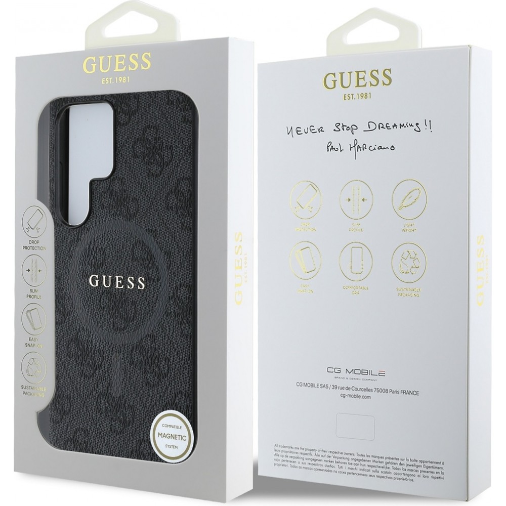 Samsung Galaxy S25 Ultra Case Hülle - Guess Monogramm Kunstleder mit integriertem MagSafe und goldenem Logo - Schwarz