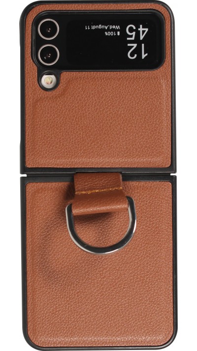 Galaxy Z Flip4 Case Hülle - Leder Design mit Haltering - Braun