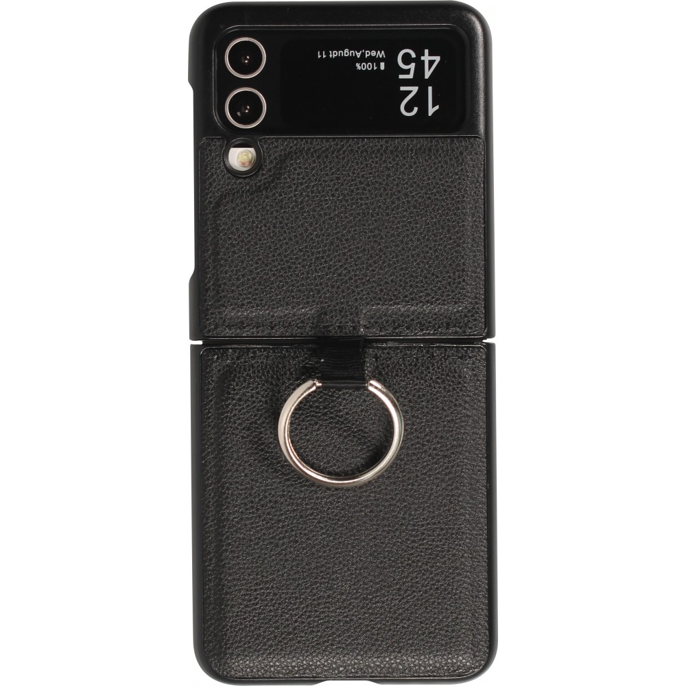 Samsung Galaxy Z Flip5 Case Hülle - Leder Design mit Haltering - Schwarz