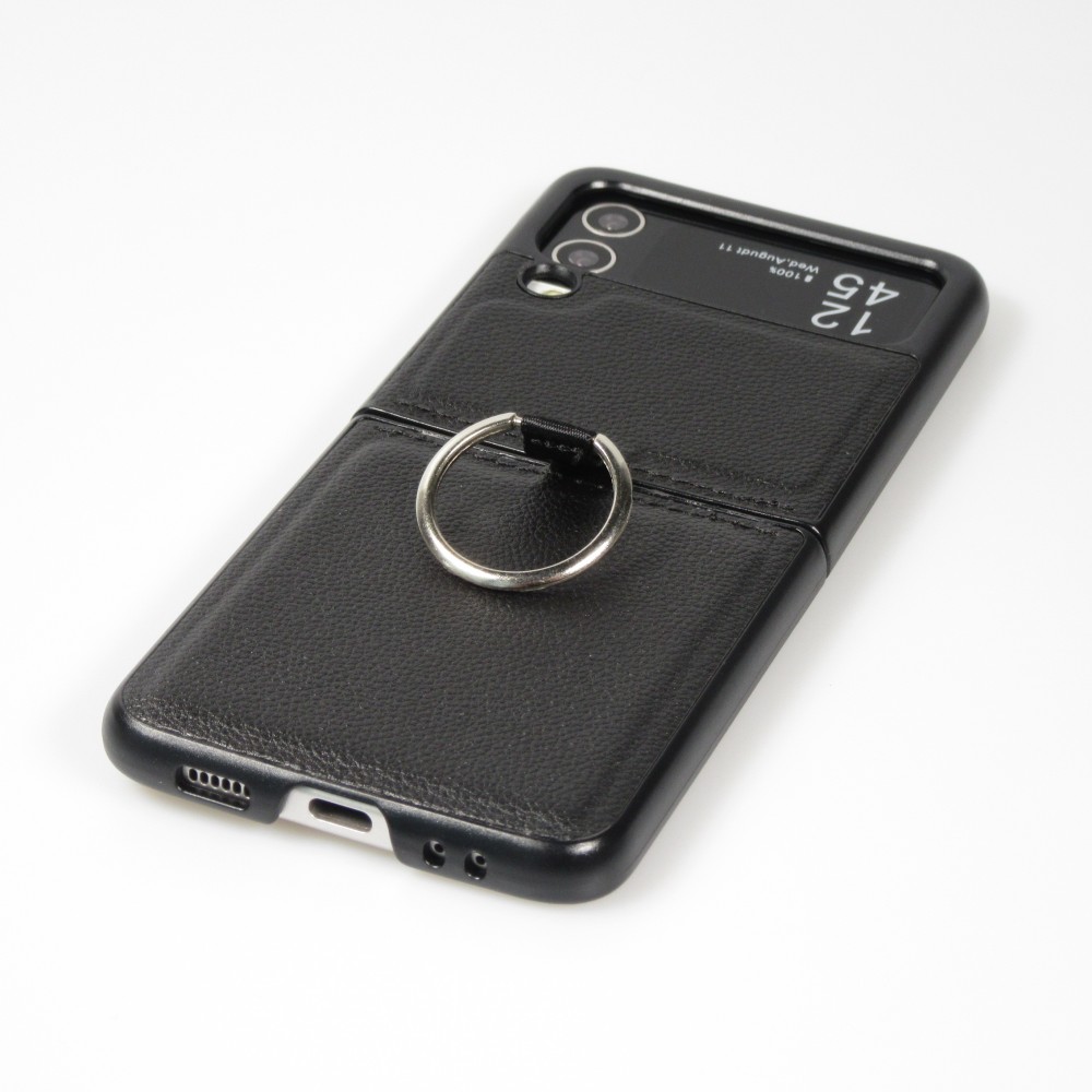 Samsung Galaxy Z Flip5 Case Hülle - Leder Design mit Haltering - Schwarz