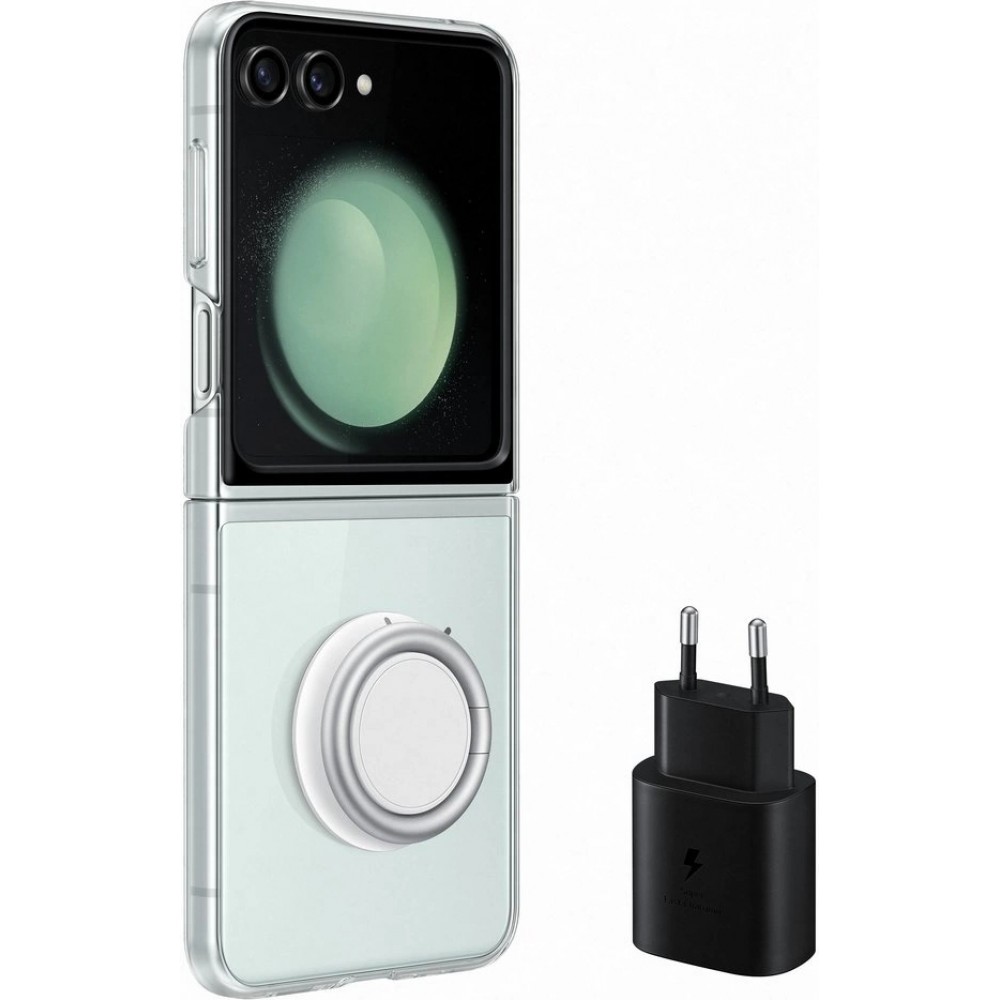 Coque Samsung Galaxy Z Flip5 - Coque transparente avec anneau de soutien + chargeur USB-C 25W (Samsung Starter Pack)