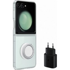 Coque Samsung Galaxy Z Flip5 - Coque transparente avec anneau de soutien + chargeur USB-C 25W (Samsung Starter Pack)