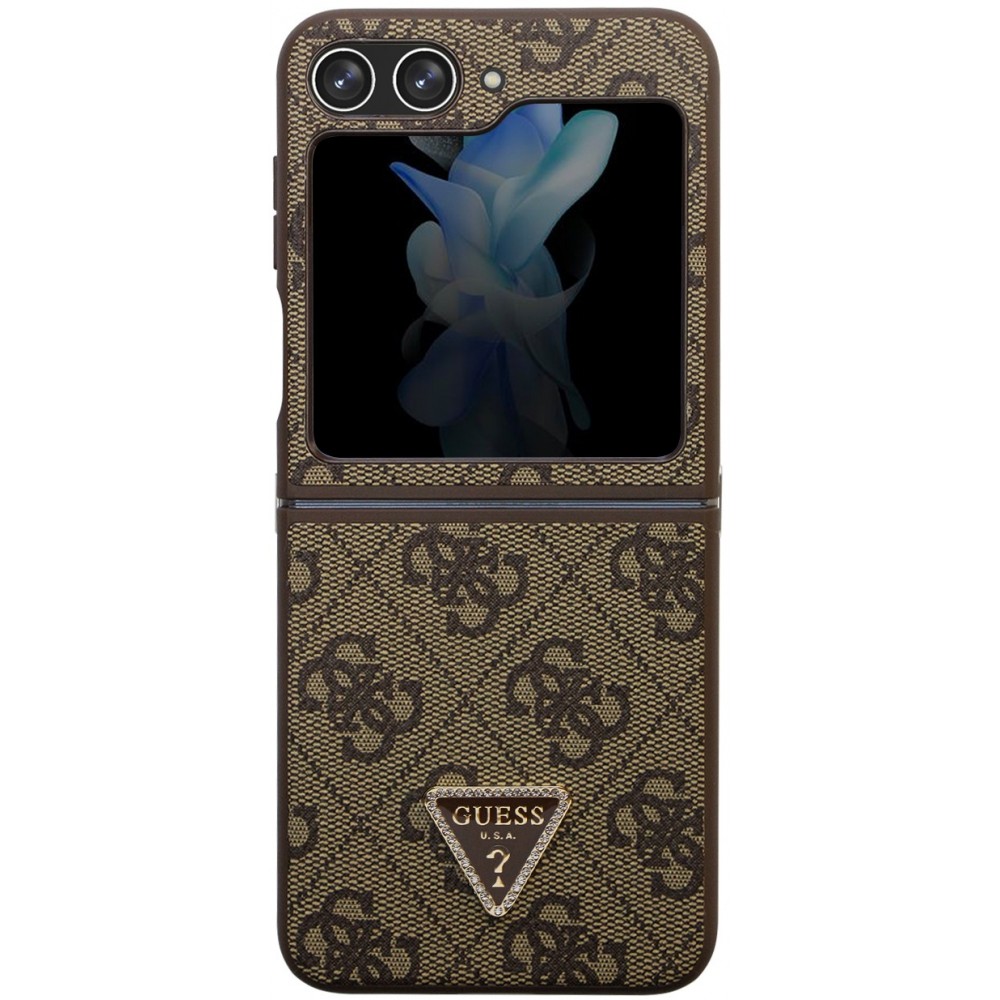 Galaxy Z Flip5 Case Hülle - Guess Monogramm Kunstleder Metall-Logo und Strass - Braun