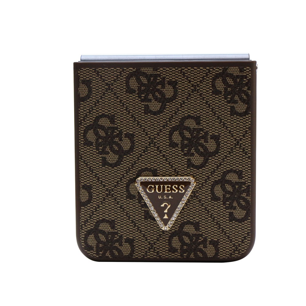 Galaxy Z Flip5 Case Hülle - Guess Monogramm Kunstleder Metall-Logo und Strass - Braun