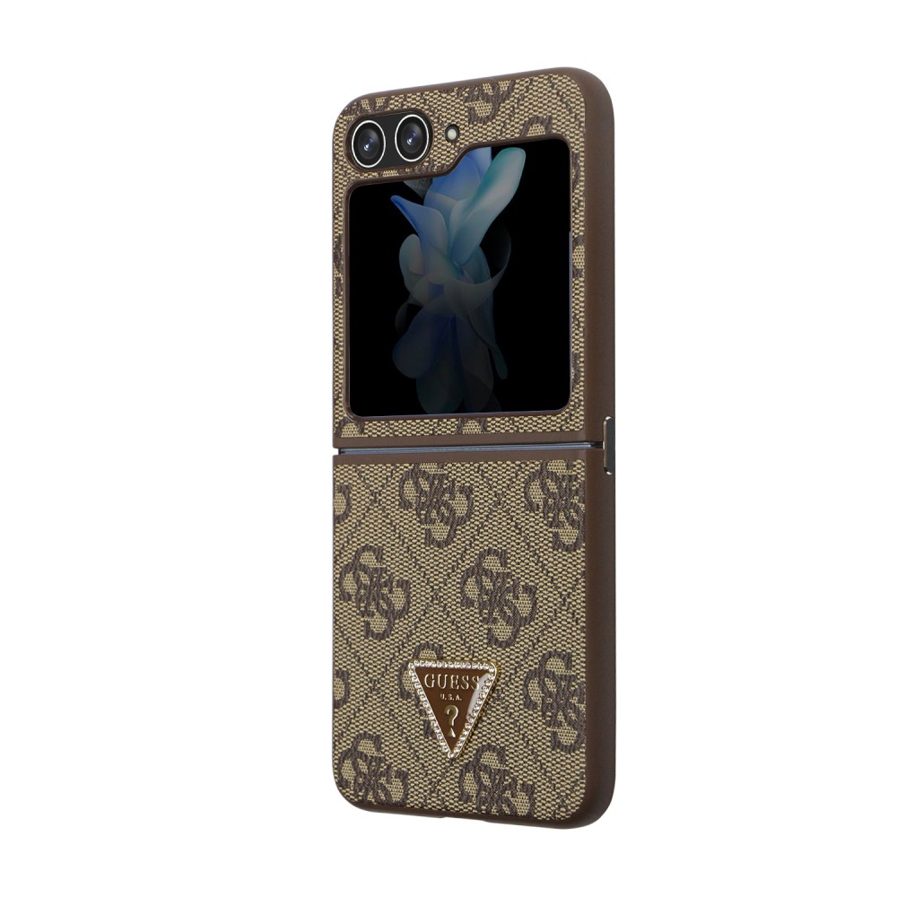 Galaxy Z Flip5 Case Hülle - Guess Monogramm Kunstleder Metall-Logo und Strass - Braun
