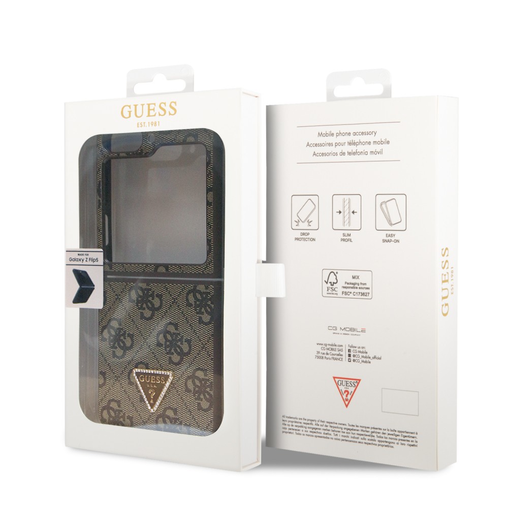 Galaxy Z Flip5 Case Hülle - Guess Monogramm Kunstleder Metall-Logo und Strass - Braun
