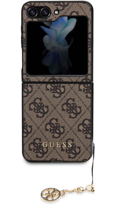 Samsung Galaxy Z Flip5 Case Hülle - Guess Leinwand Kunstleder Monogramm goldenen Metall-Logo mit Charm Anhänger - Braun