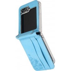 Galaxy Z Flip5 Case Hülle - Elegantes Kunstleder mit impregnierter Blume - Blau