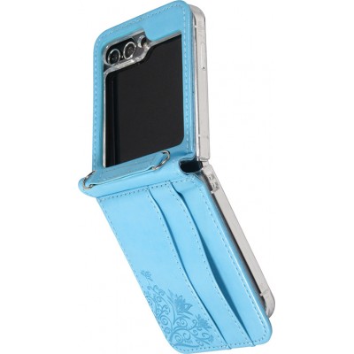 Galaxy Z Flip5 Case Hülle - Elegantes Kunstleder mit impregnierter Blume - Blau
