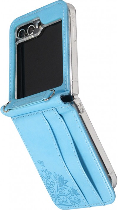 Galaxy Z Flip5 Case Hülle - Elegantes Kunstleder mit impregnierter Blume - Blau