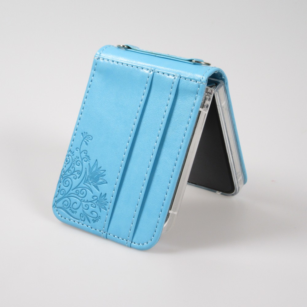 Galaxy Z Flip5 Case Hülle - Elegantes Kunstleder mit impregnierter Blume - Blau