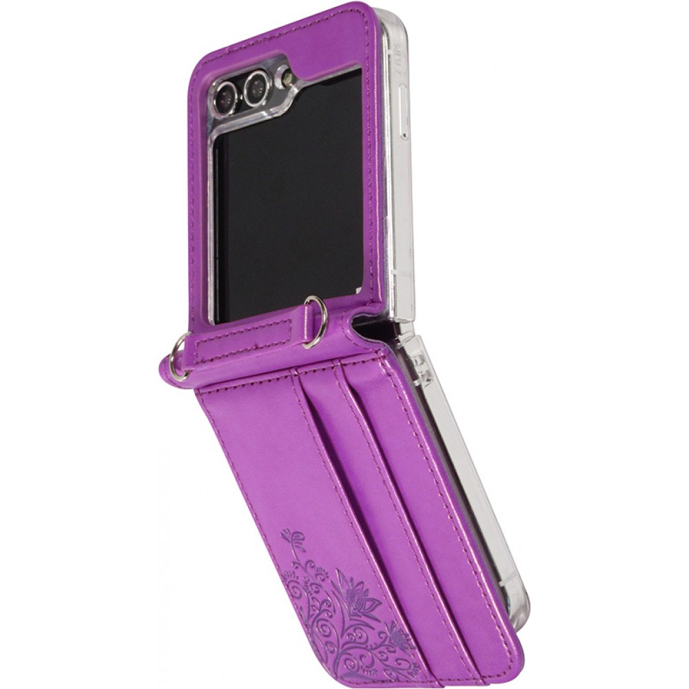 Galaxy Z Flip5 Case Hülle - Elegantes Kunstleder mit impregnierter Blume - Violett