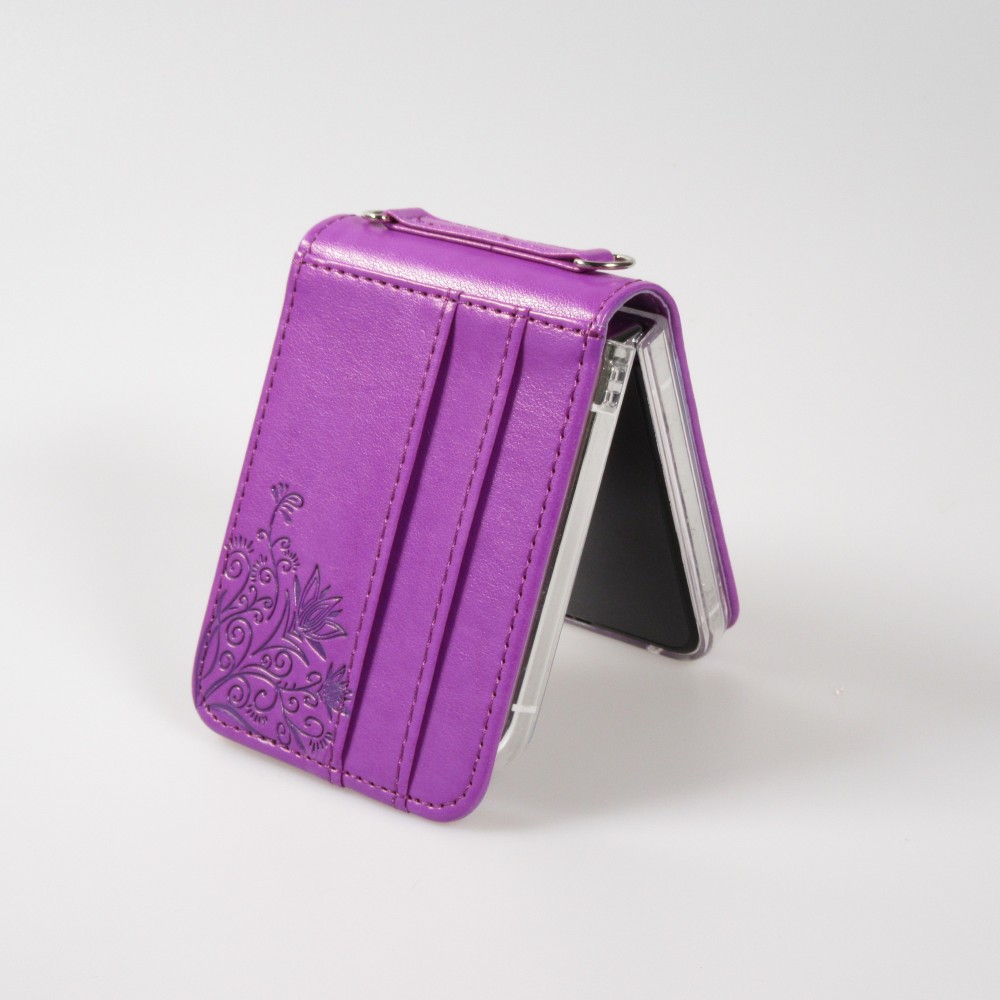 Galaxy Z Flip5 Case Hülle - Elegantes Kunstleder mit impregnierter Blume - Violett