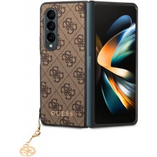 Samsung Galaxy Z Fold4 Case Hülle - Guess Leinwand Kunstleder Monogramm goldenen Metall-Logo mit Charm Anhänger - Braun