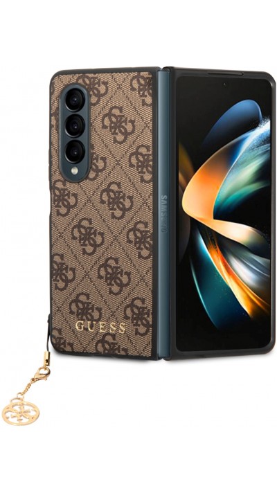 Samsung Galaxy Z Fold4 Case Hülle - Guess Leinwand Kunstleder Monogramm goldenen Metall-Logo mit Charm Anhänger - Braun