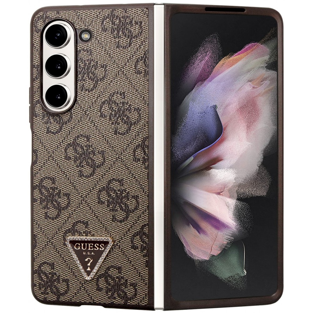 Samsung Galaxy Z Fold5 Case Hülle - Guess Monogramm Kunstleder Metall-Logo und Strass - Braun