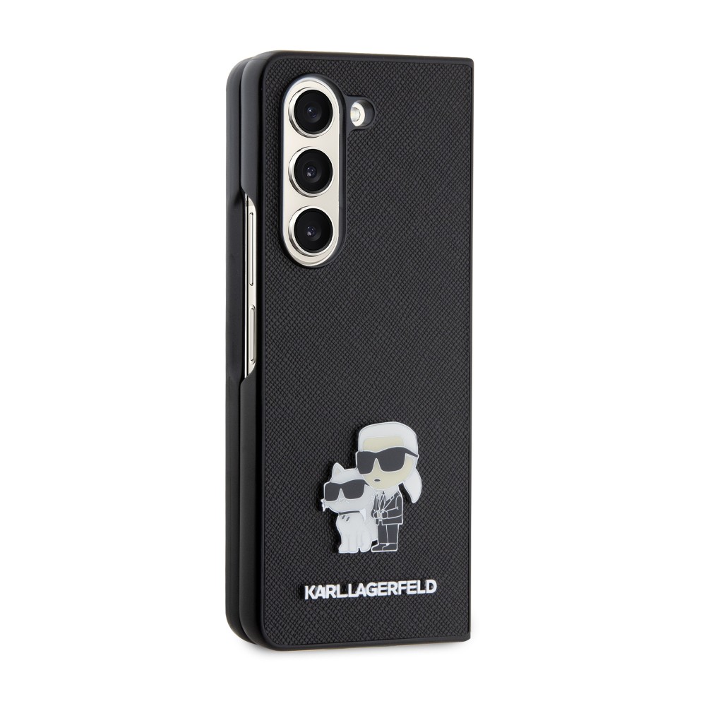 Coque Samsung Galaxy Z Fold5 - Karl Lagerfeld et Choupette similicuir saffiano avec logo métallique 3D - Noir