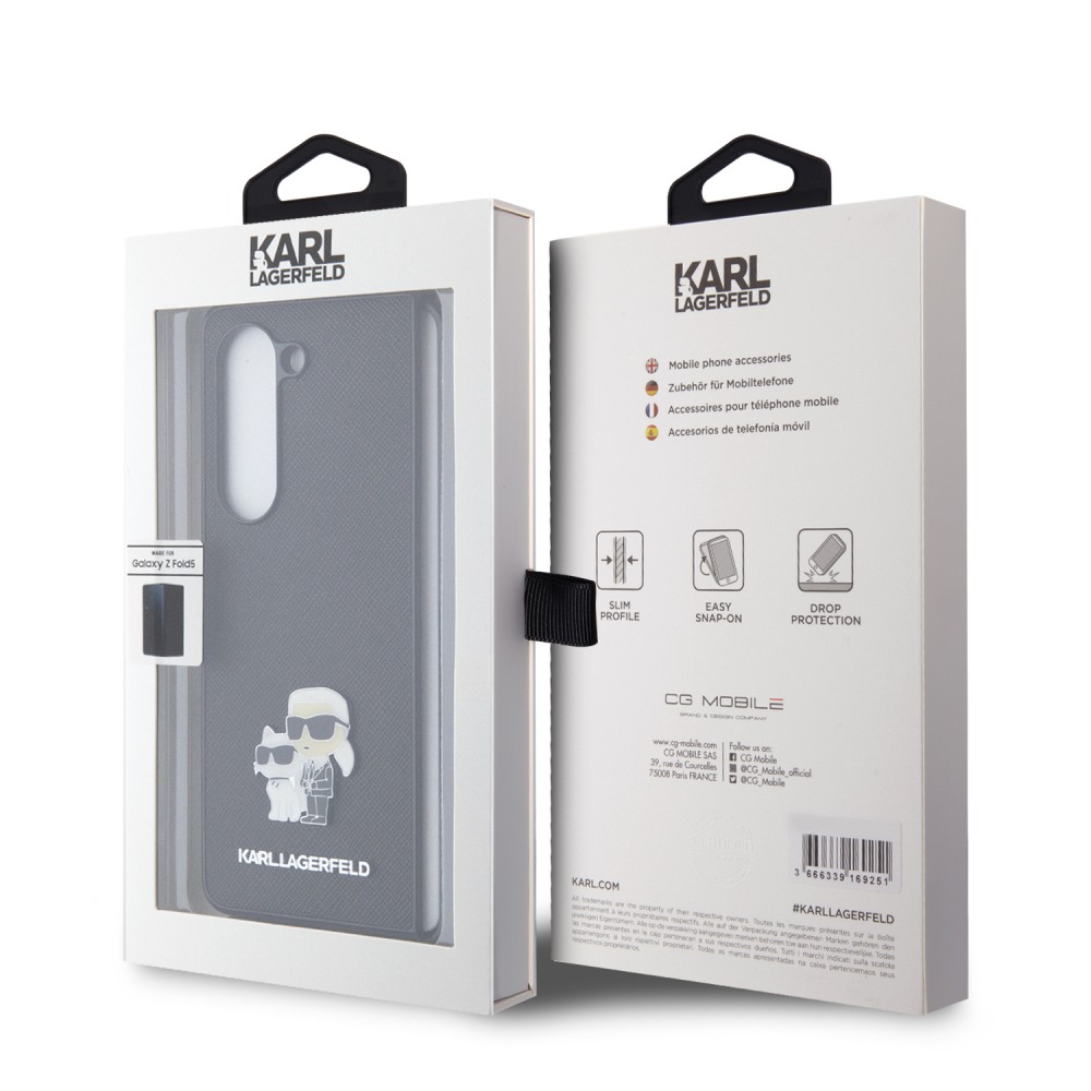 Coque Samsung Galaxy Z Fold5 - Karl Lagerfeld et Choupette similicuir saffiano avec logo métallique 3D - Noir