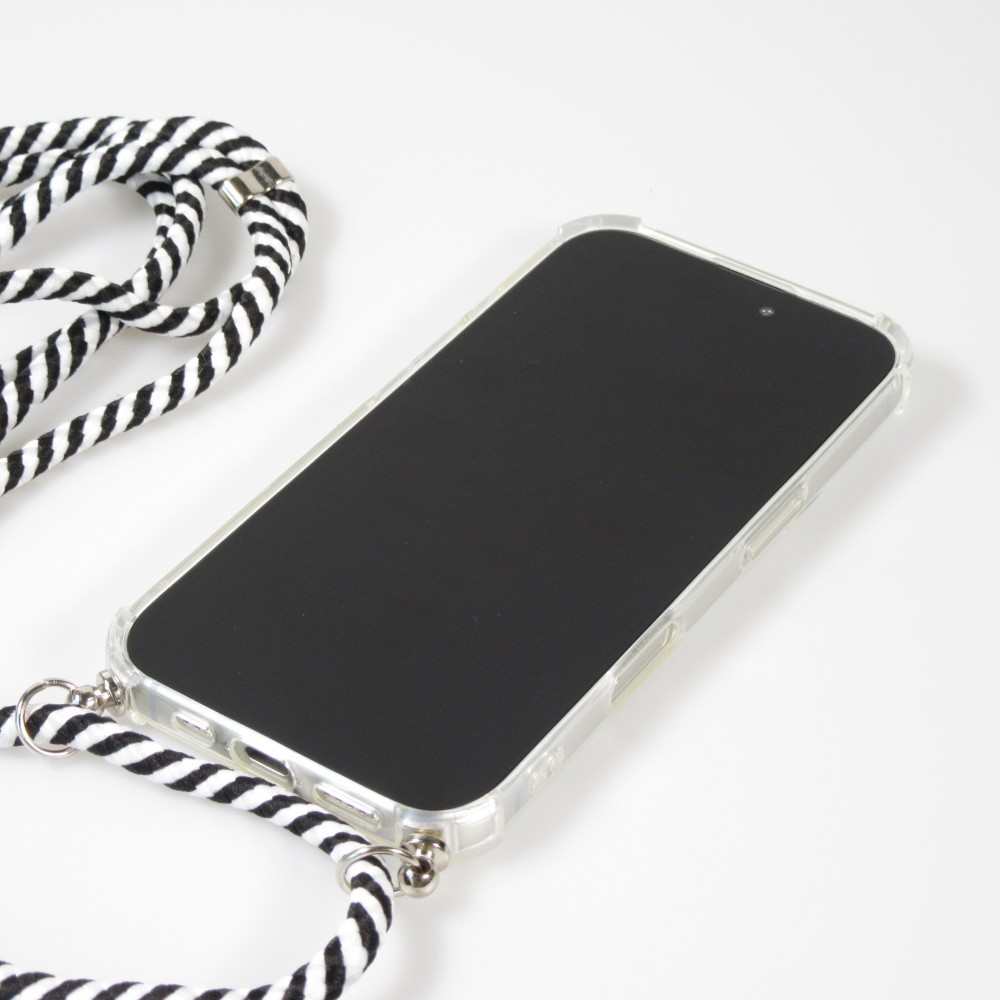 Coque Samsung iPhone 16 Plus - Gel transparent avec lacet - Blanc / noir