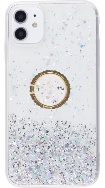 Hülle iPhone 13 Pro - Gummi silberner Pailletten mit Ring - Transparent