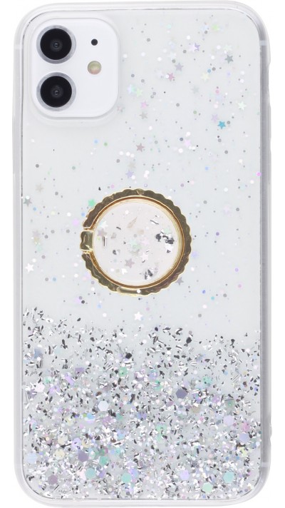 Coque iPhone Xs Max - Gel paillettes argentées avec anneau - Transparent