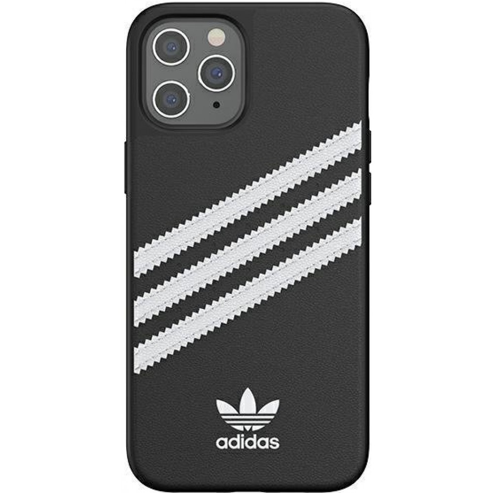 iPhone 12 Pro Max Case Hülle - Adidas Gazelle Style Kunstleder aufgenähte weiße Streifen und Logoprint - Schwarz