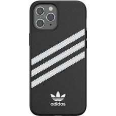 iPhone 12 Pro Max Case Hülle - Adidas Gazelle Style Kunstleder aufgenähte weiße Streifen und Logoprint - Schwarz