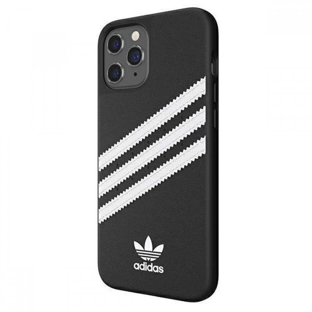 iPhone 12 Pro Max Case Hülle - Adidas Gazelle Style Kunstleder aufgenähte weiße Streifen und Logoprint - Schwarz