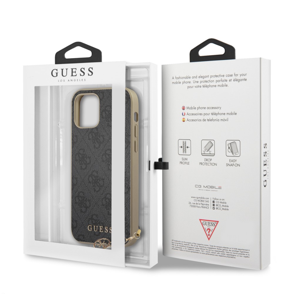 iPhone 13 Pro Max Case Hülle - Guess Leinwand Kunstleder Monogramm goldenen Metall-Logo mit Charm Anhänger - Schwarz / gold