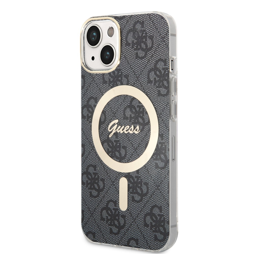 iPhone 15 Case Hülle - Guess Monogramm lackiert mit goldenem MagSafe - Grau