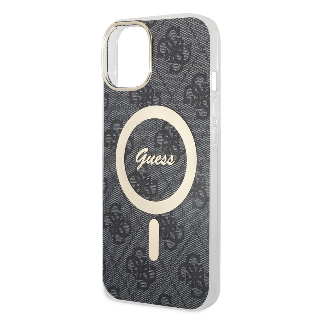 iPhone 15 Case Hülle - Guess Monogramm lackiert mit goldenem MagSafe - Grau