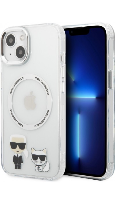 iPhone 15 Case Hülle - Karl Lagerfeld und Choupette duo gel rigide mit MagSafe in silber - Transparent