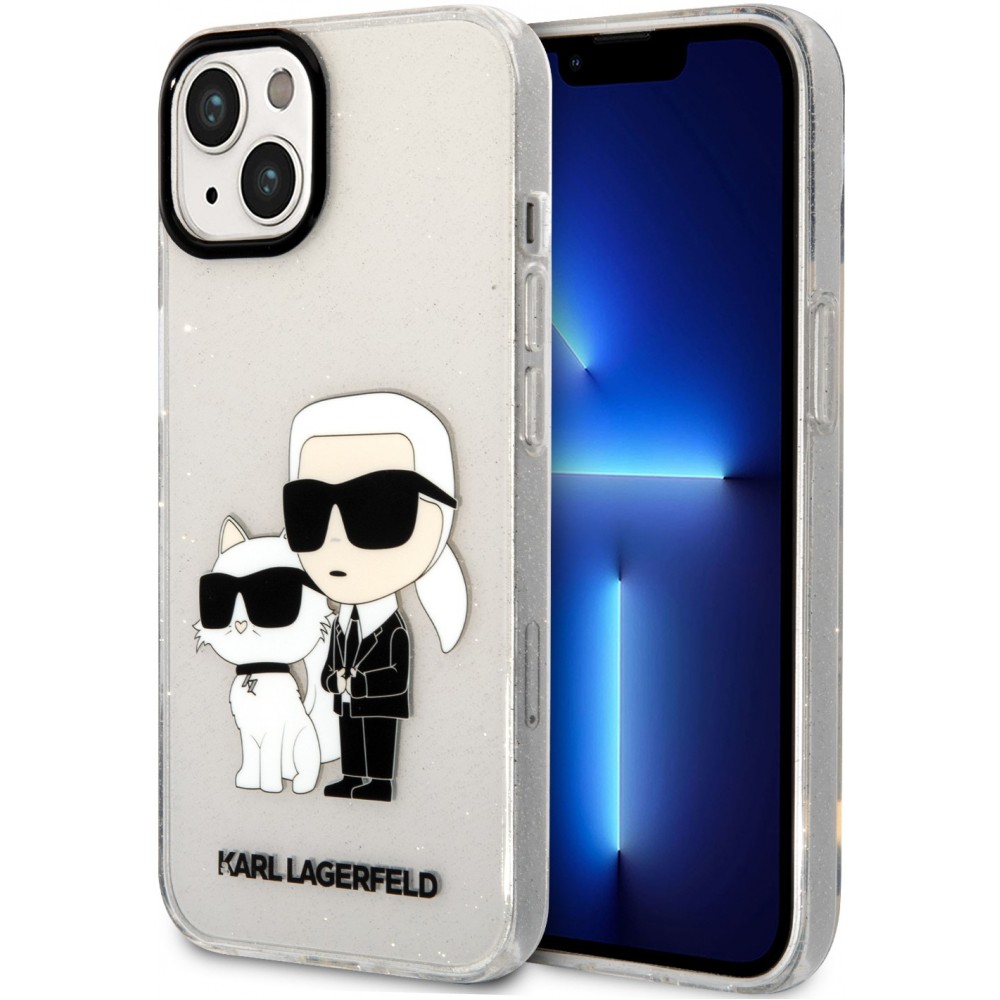 Coque iPhone 13 - Karl Lagerfeld et Choupette duo gel rigide pailleté - Transparent
