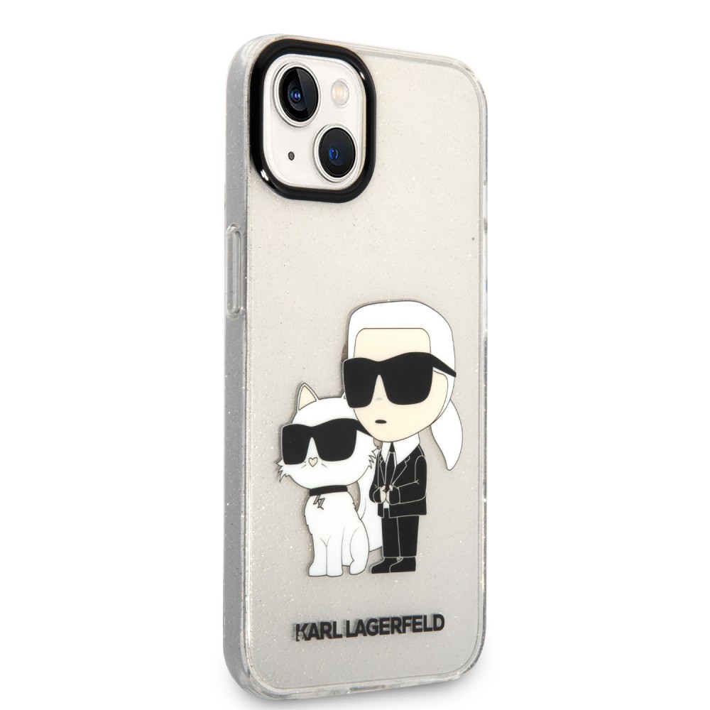 Coque iPhone 13 - Karl Lagerfeld et Choupette duo gel rigide pailleté - Transparent