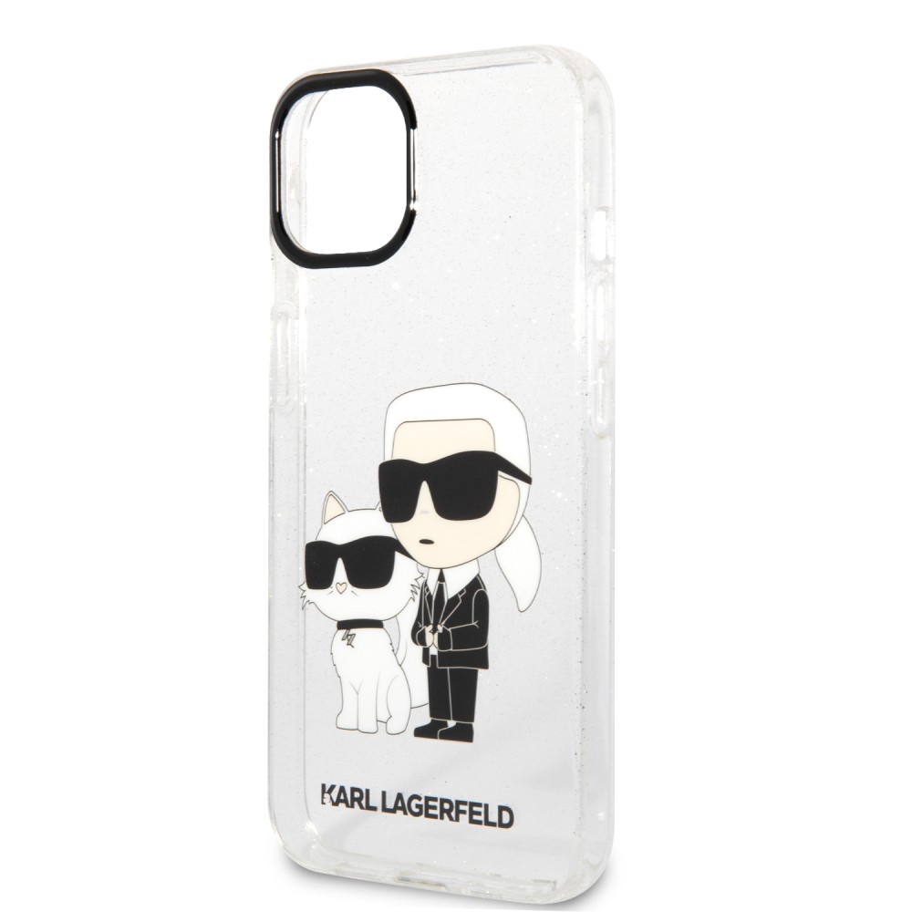 Coque iPhone 13 - Karl Lagerfeld et Choupette duo gel rigide pailleté - Transparent